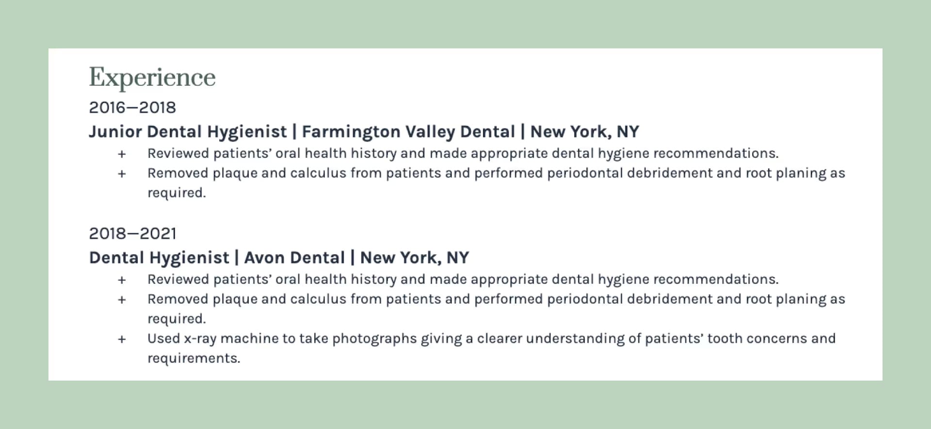 Example of possible layout for Experience section. Experience in H2, Dates in H3, position and location in bold paragraph format, bullets with details of position.