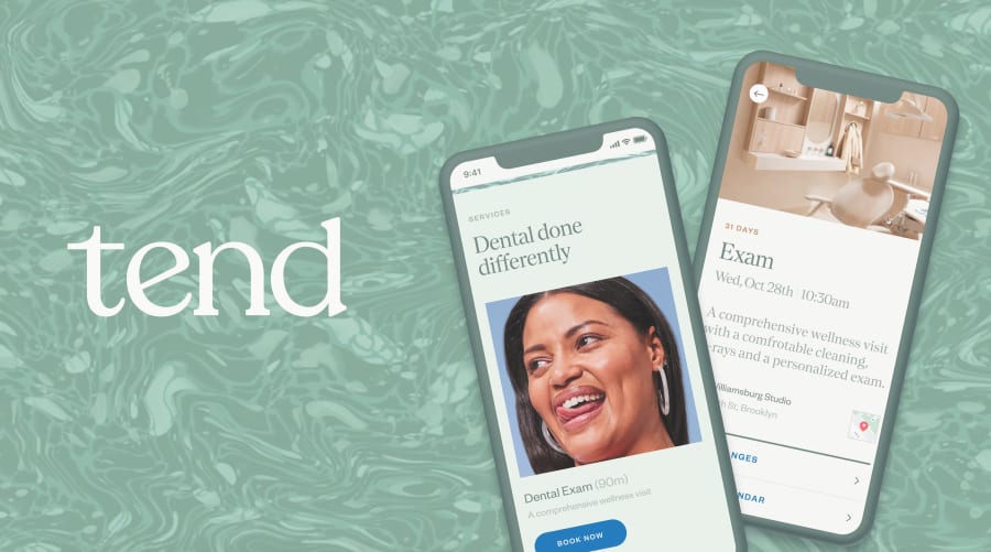 Illustration with Tend logo and tow smartphones showing different screens from the app.